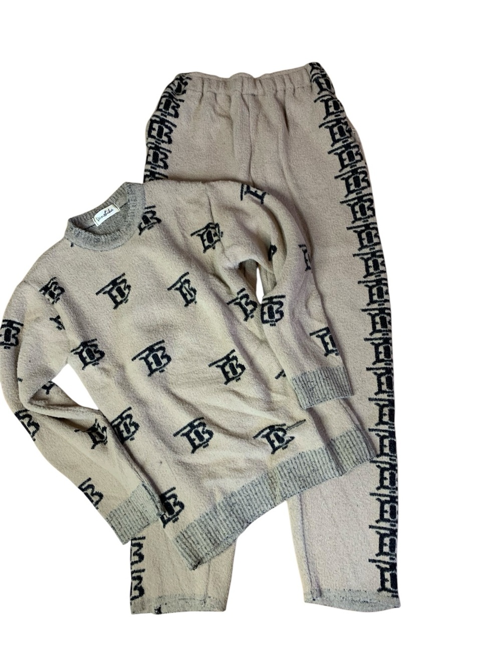 Neutral Monogram Knit Lounge Set - Sweater & Jogger Co-ord - Size Small